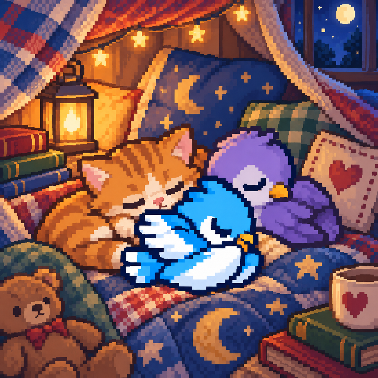 Pixel-art XBIRD sleeping beside a cat and purple bird in a cozy blanket fort